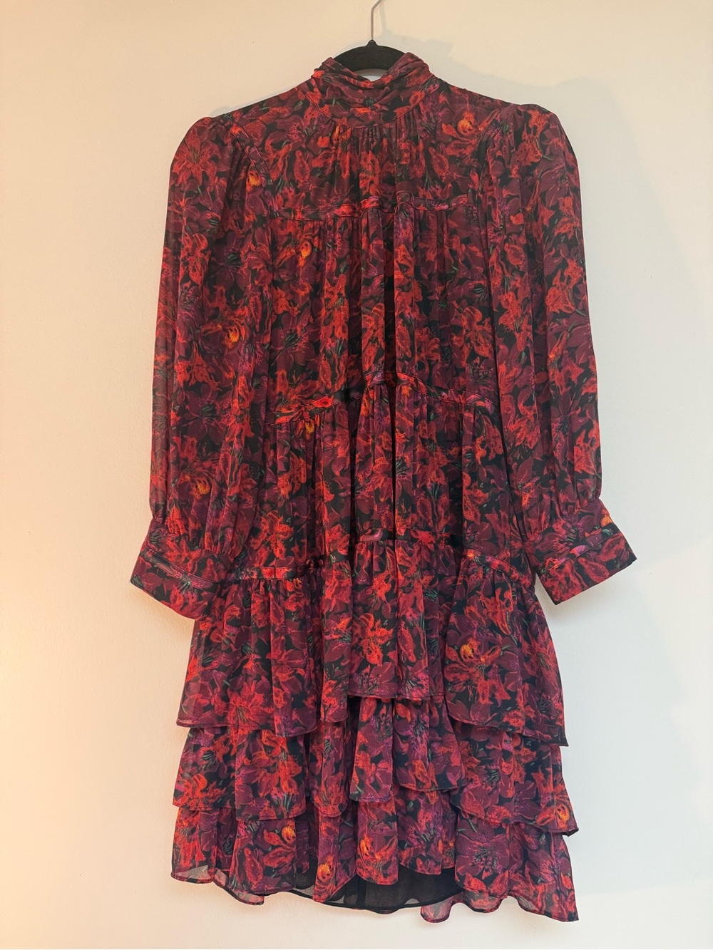 cinq a sept Black and Red Floral Long-Sleeve Tiered Dress